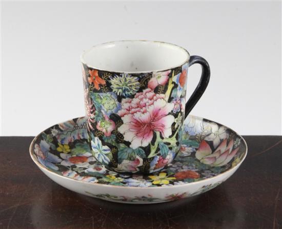 A Chinese millefleur black ground cup and saucer, Guangxu mark and period (1875-1908), saucer 11cm